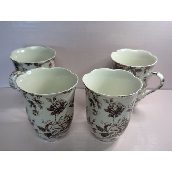 Vintage 4 Pcs Brown Toille by Peppertree Tea Set 4 water/ Coffee / Tea Cups Mint